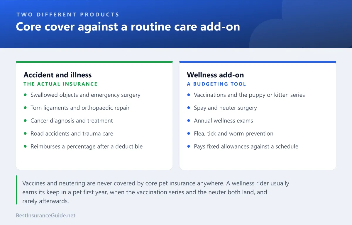 Comparison panel showing what a core accident and illness pet policy covers against what a routine wellness add-on covers, including vaccines, neutering and dental cleaning