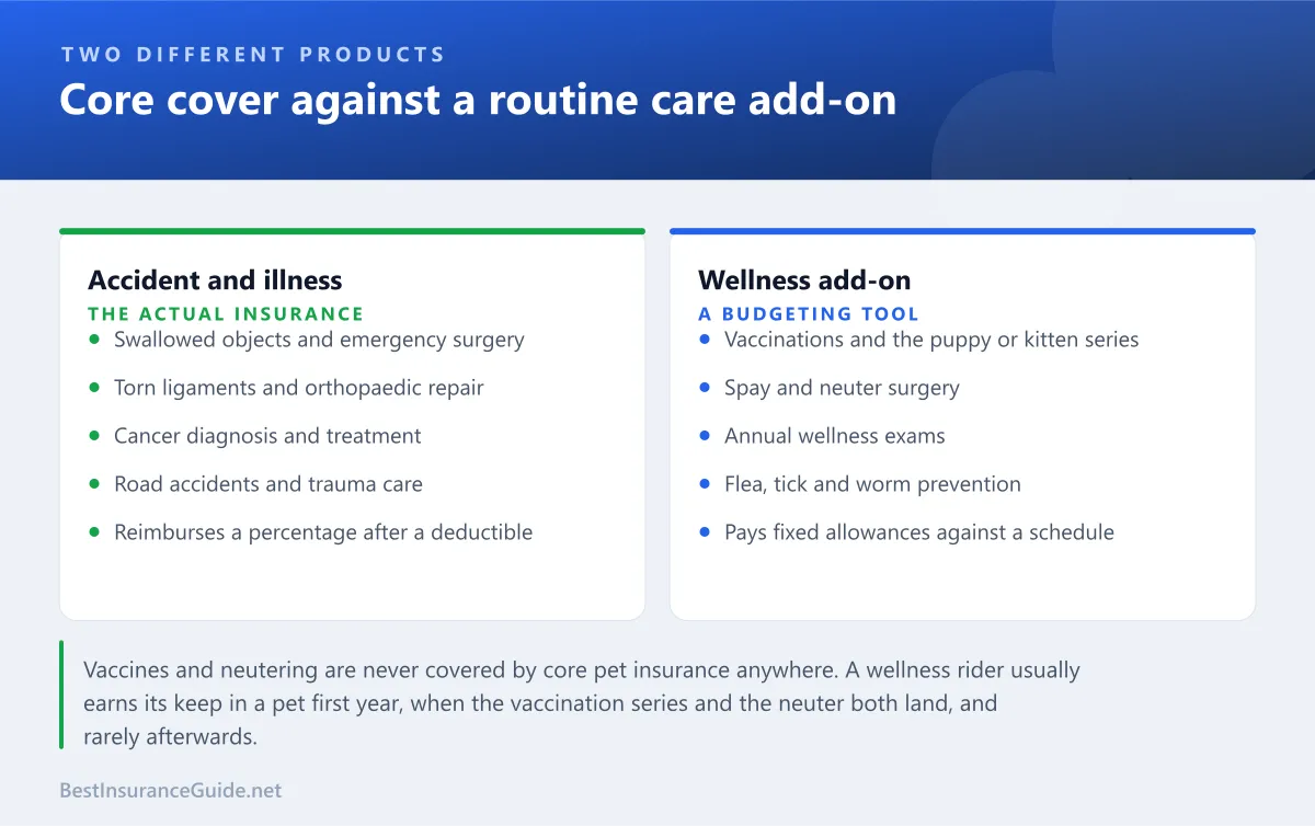 Comparison panel showing what a core accident and illness pet policy covers against what a routine wellness add-on covers, including vaccines, neutering and dental cleaning