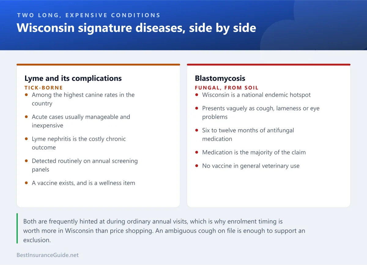 Comparison panel setting Wisconsin two signature diseases side by side: Lyme disease progressing to nephritis, and blastomycosis
