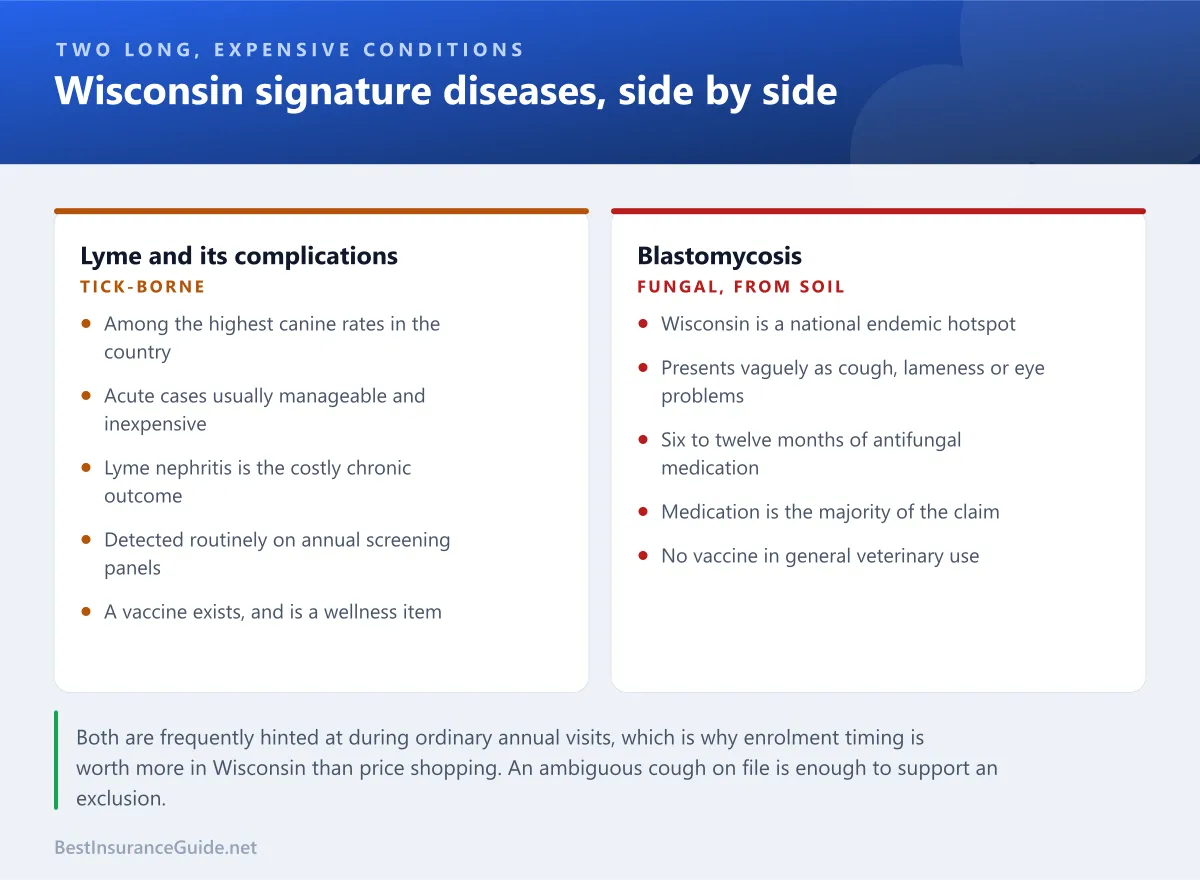 Comparison panel setting Wisconsin two signature diseases side by side: Lyme disease progressing to nephritis, and blastomycosis