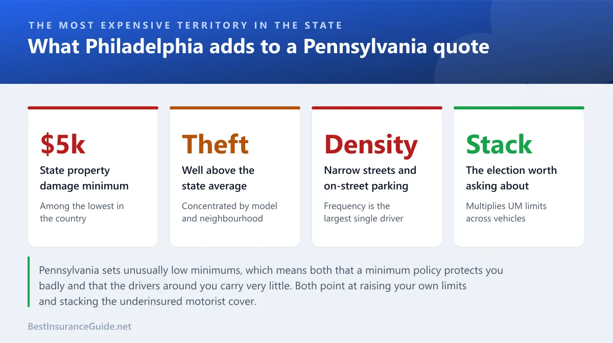 Statistics panel showing the factors that push Philadelphia car insurance above the Pennsylvania state average