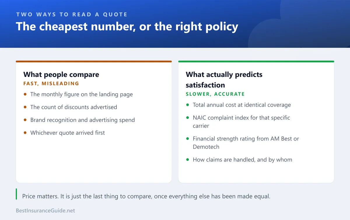 Comparison of what people usually compare on quotes against what actually predicts satisfaction