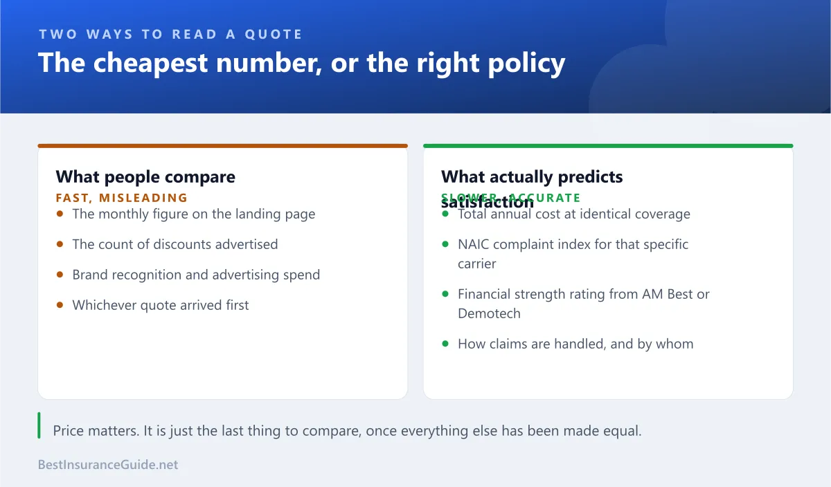Comparison of what people usually compare on quotes against what actually predicts satisfaction