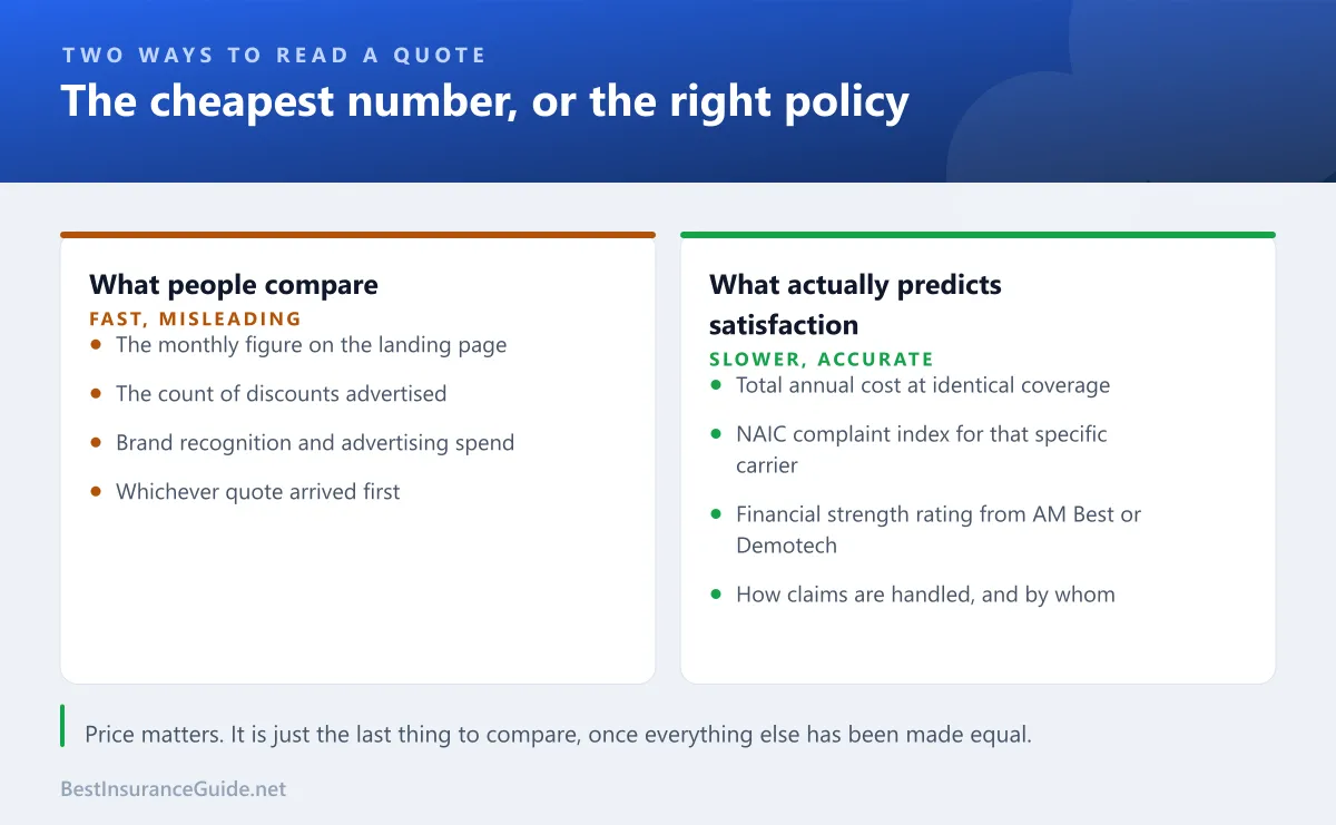 Comparison of what people usually compare on quotes against what actually predicts satisfaction