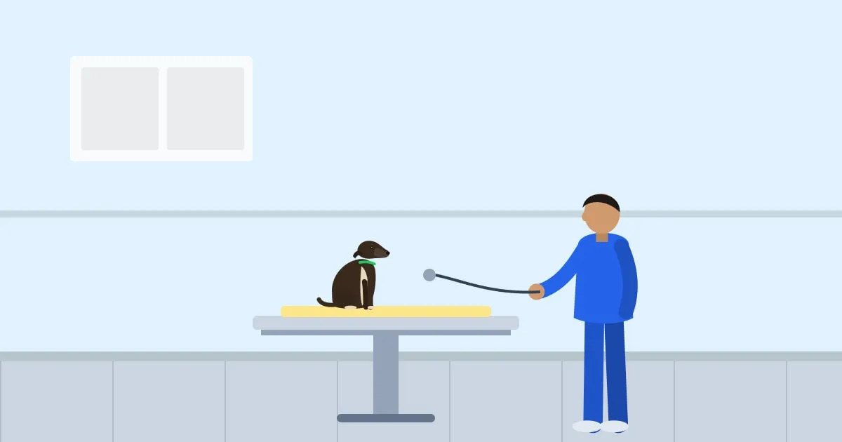 Illustration of a veterinarian listening to a puppy’s heart with a stethoscope at its first checkup