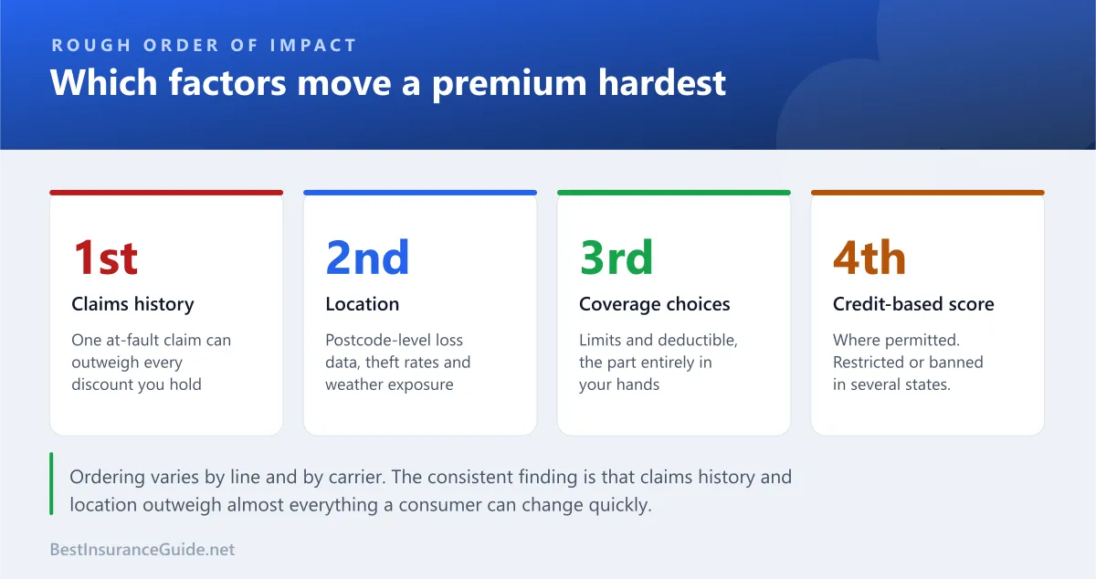 Panel ranking rating factors by impact: claims history first, location second, coverage choices third, credit-based score fourth