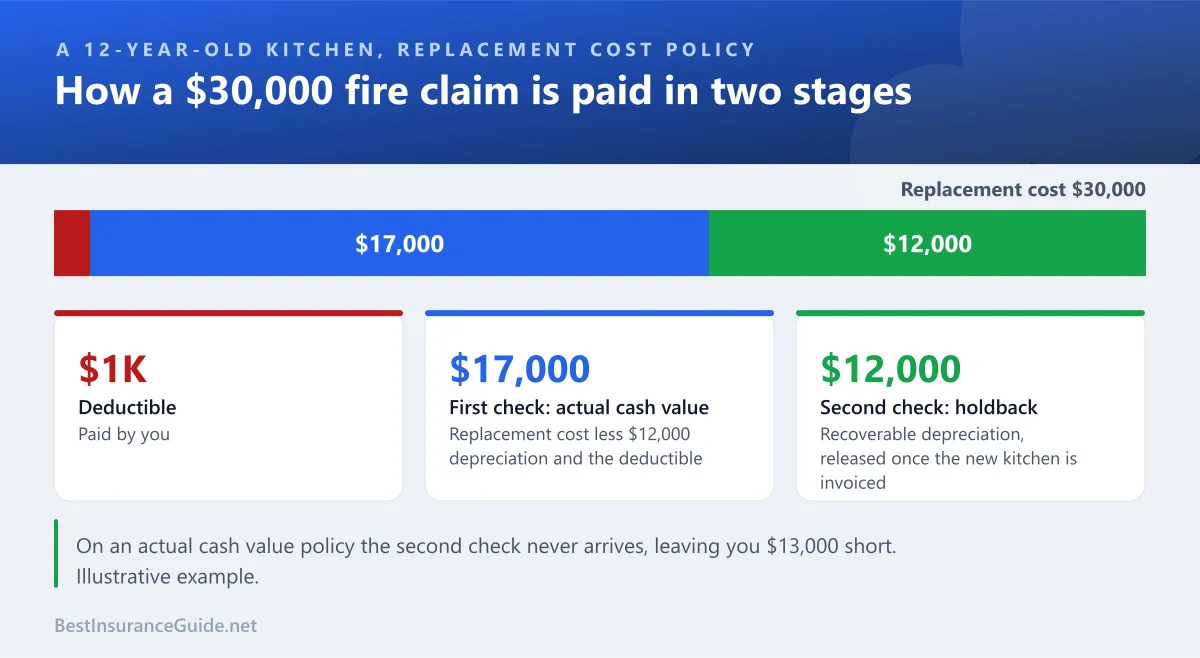 Split bar showing how a $30,000 replacement cost kitchen claim is paid in stages: deductible, initial actual cash value payment and recoverable depreciation