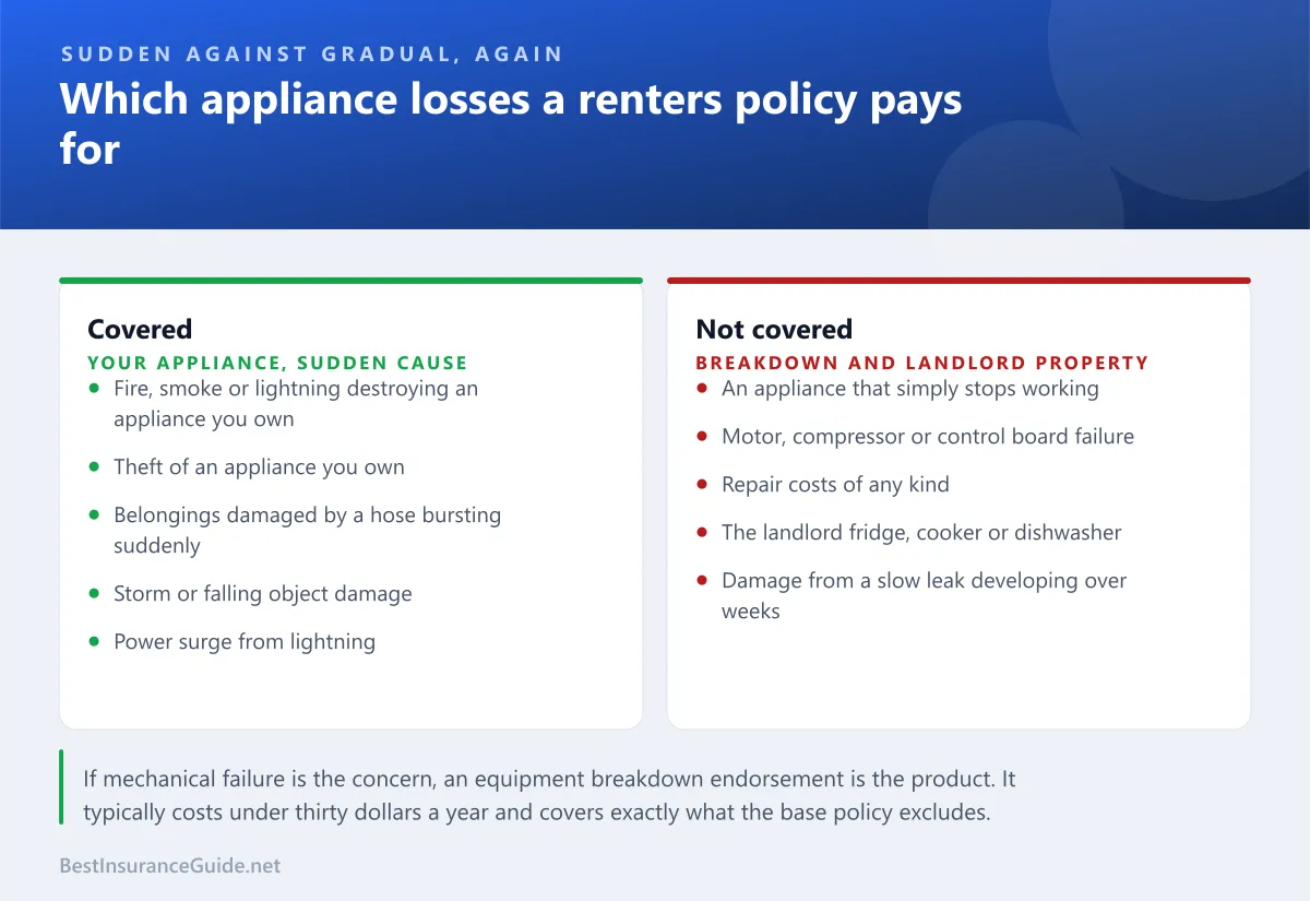 Comparison panel showing which appliance losses a renters policy covers and which are excluded as mechanical breakdown or landlord property