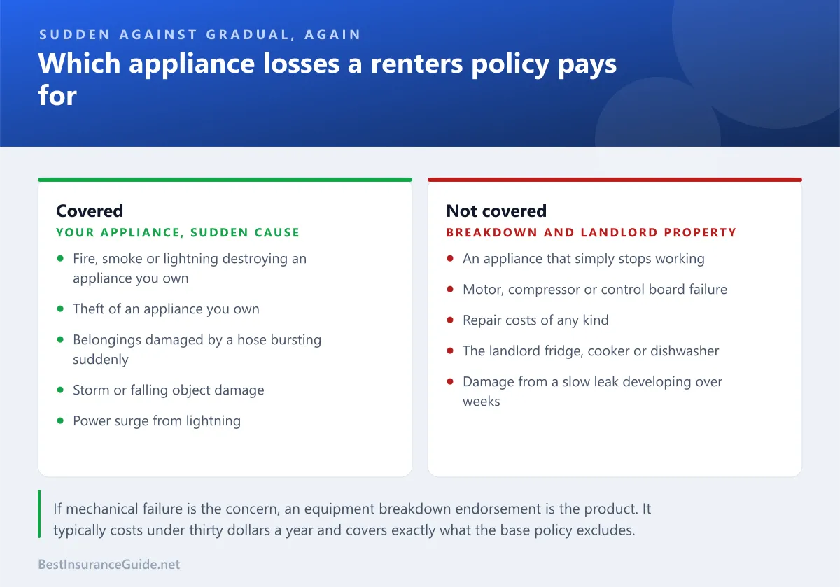 Comparison panel showing which appliance losses a renters policy covers and which are excluded as mechanical breakdown or landlord property