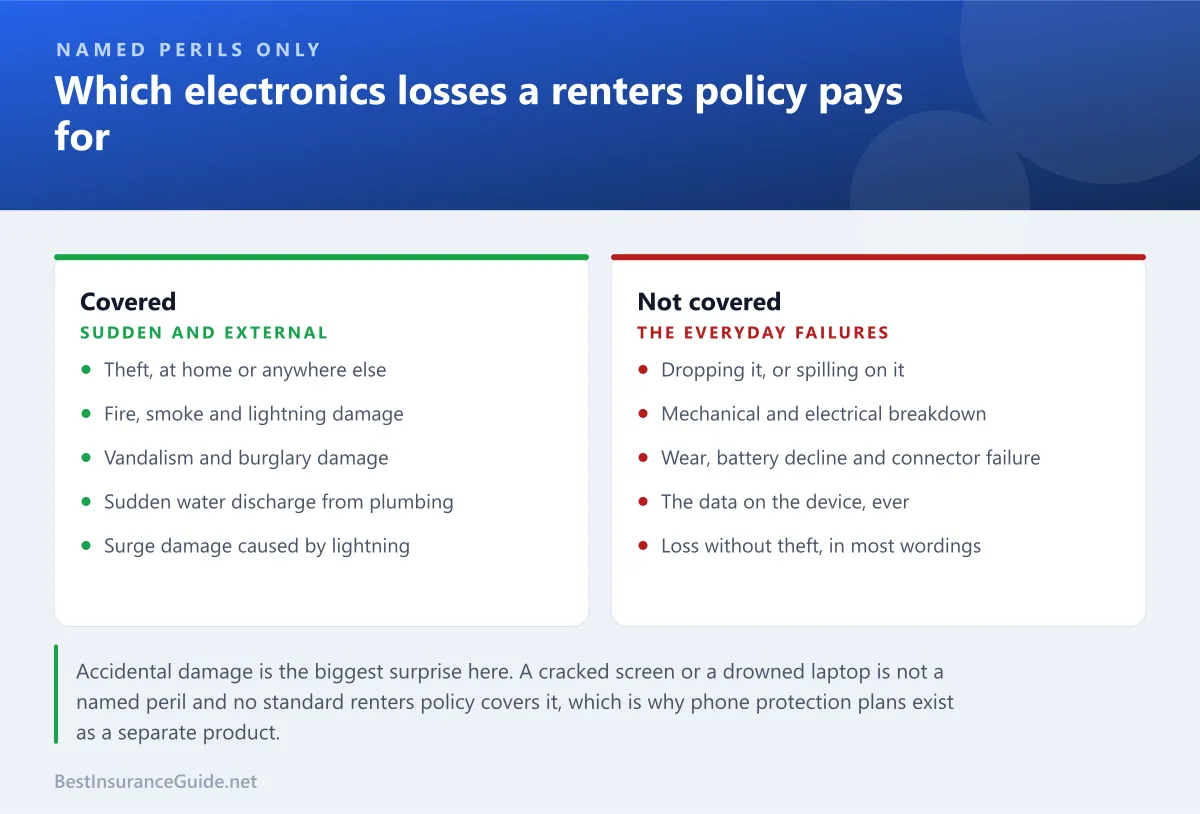 Comparison panel showing which electronics losses a renters policy covers and which are excluded, including accidental damage and mechanical breakdown