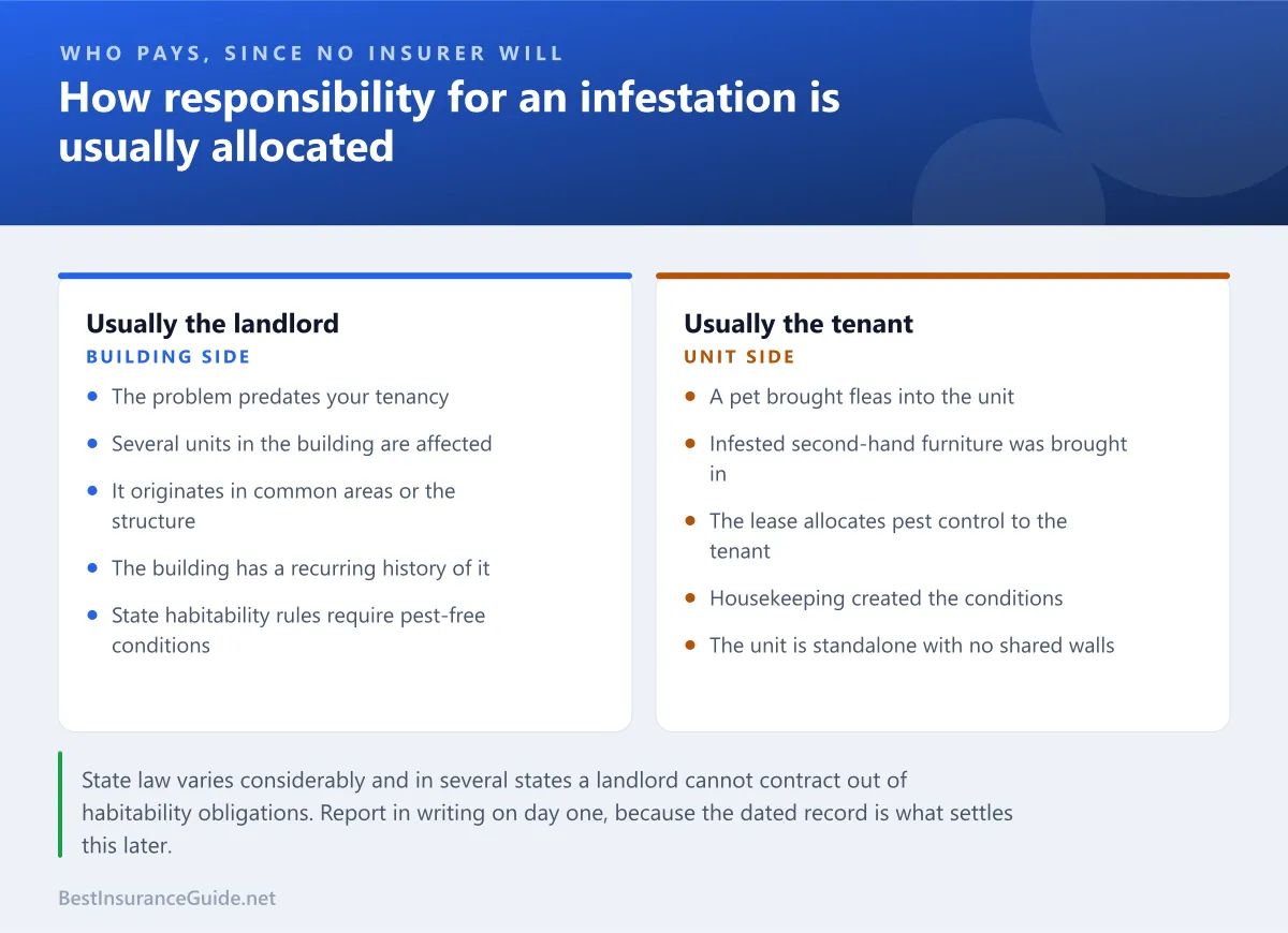 Comparison panel showing when a landlord is typically responsible for an infestation and when a tenant is