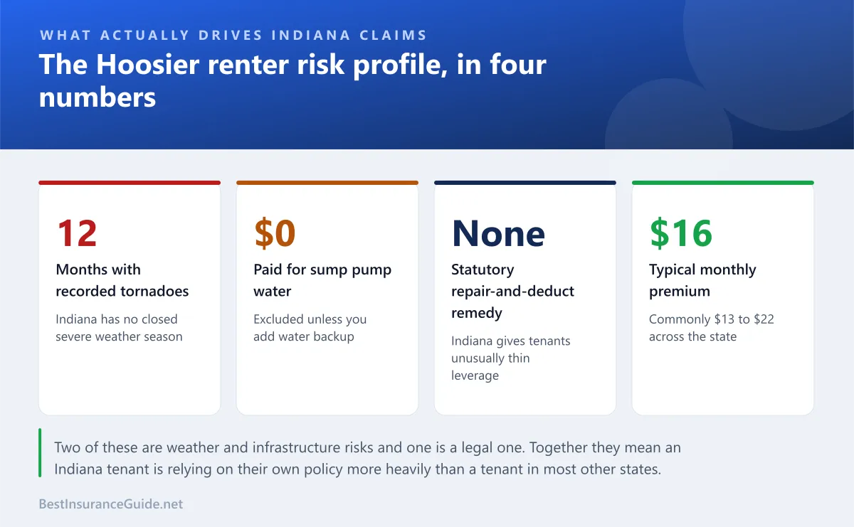 Statistics panel showing the main risks facing Indiana renters, including severe storms, basement water, theft and the state's thin tenant remedies