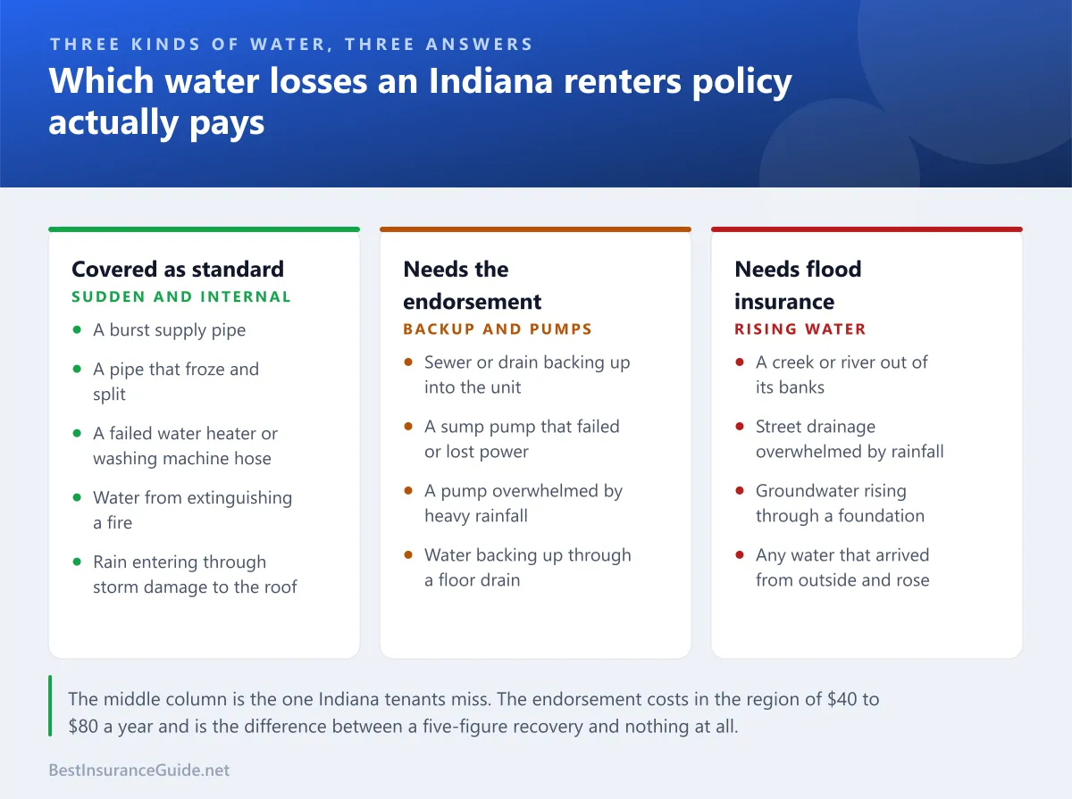 Comparison panel showing which water losses an Indiana renters policy covers, which need the water backup endorsement, and which need separate flood insurance