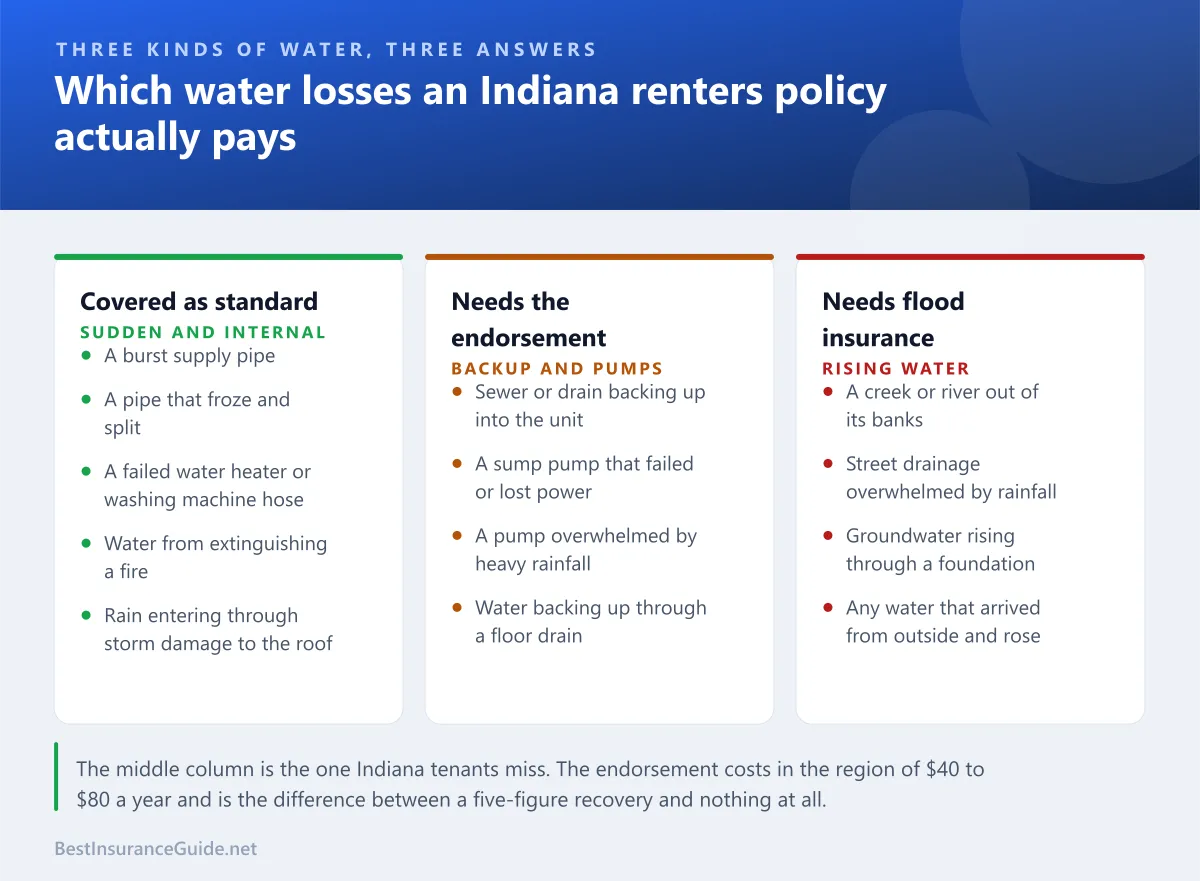 Comparison panel showing which water losses an Indiana renters policy covers, which need the water backup endorsement, and which need separate flood insurance