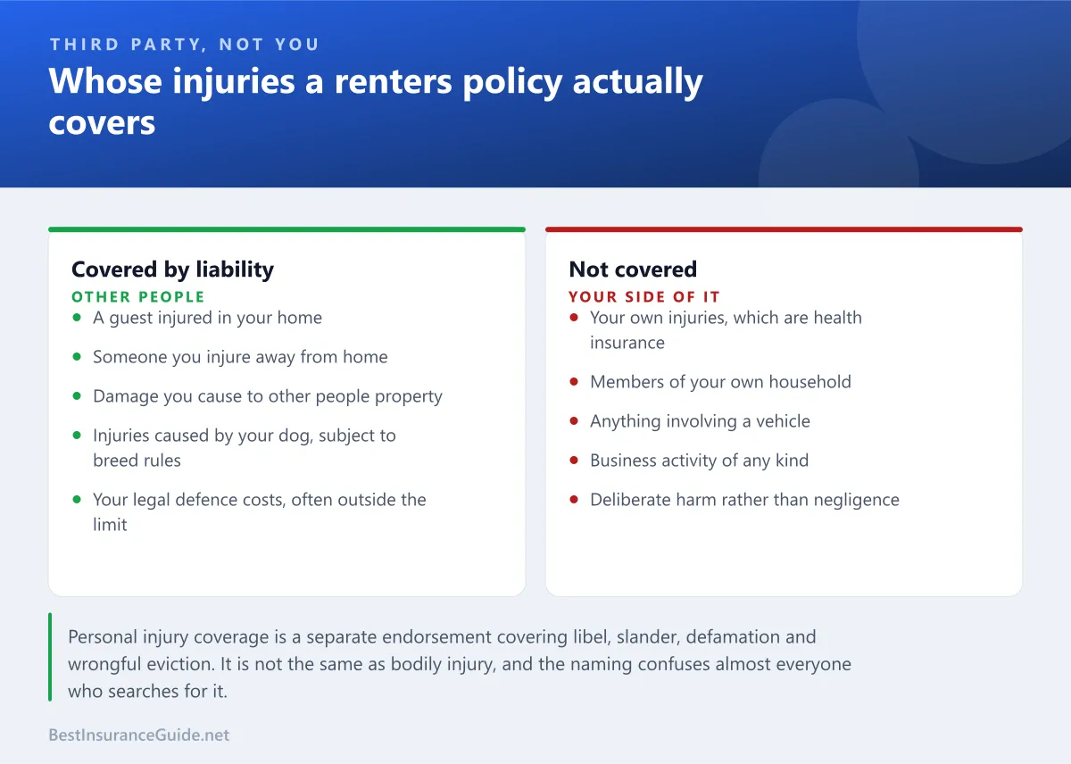 Comparison panel showing which injuries a renters policy covers, being those to third parties, against your own injuries which fall to health insurance