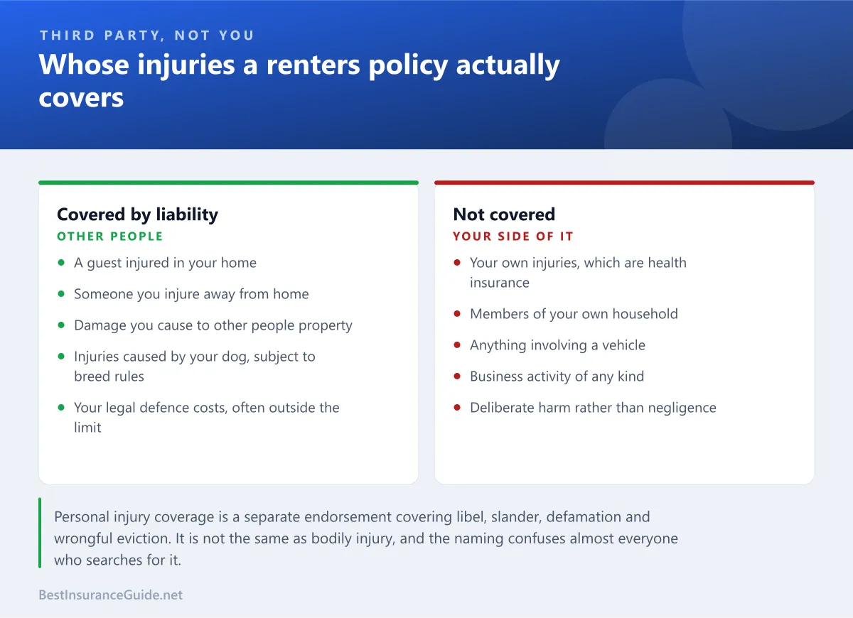 Comparison panel showing which injuries a renters policy covers, being those to third parties, against your own injuries which fall to health insurance