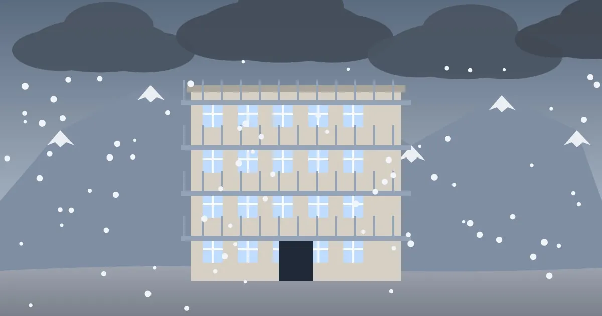 Illustration of an apartment building with balconies below the Rocky Mountains as hail clouds build