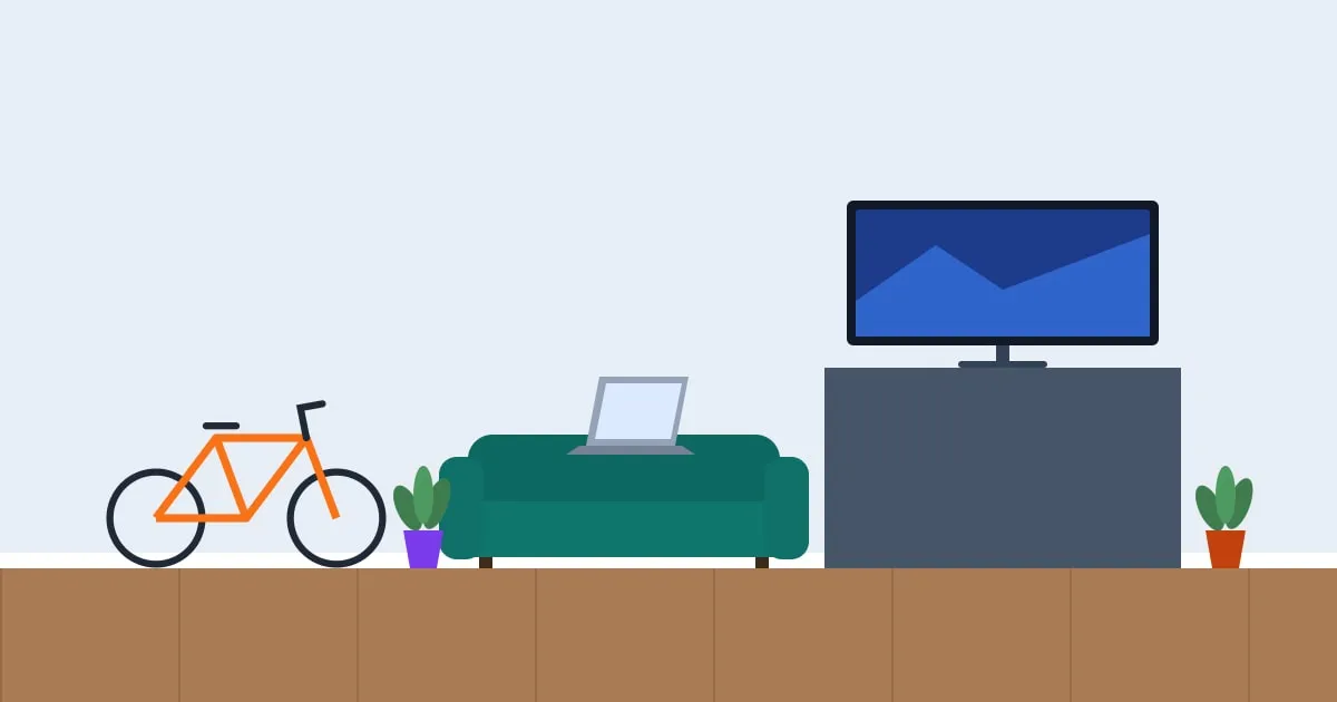 Illustration of an apartment living room with everyday belongings: a laptop, bicycle, TV and houseplants