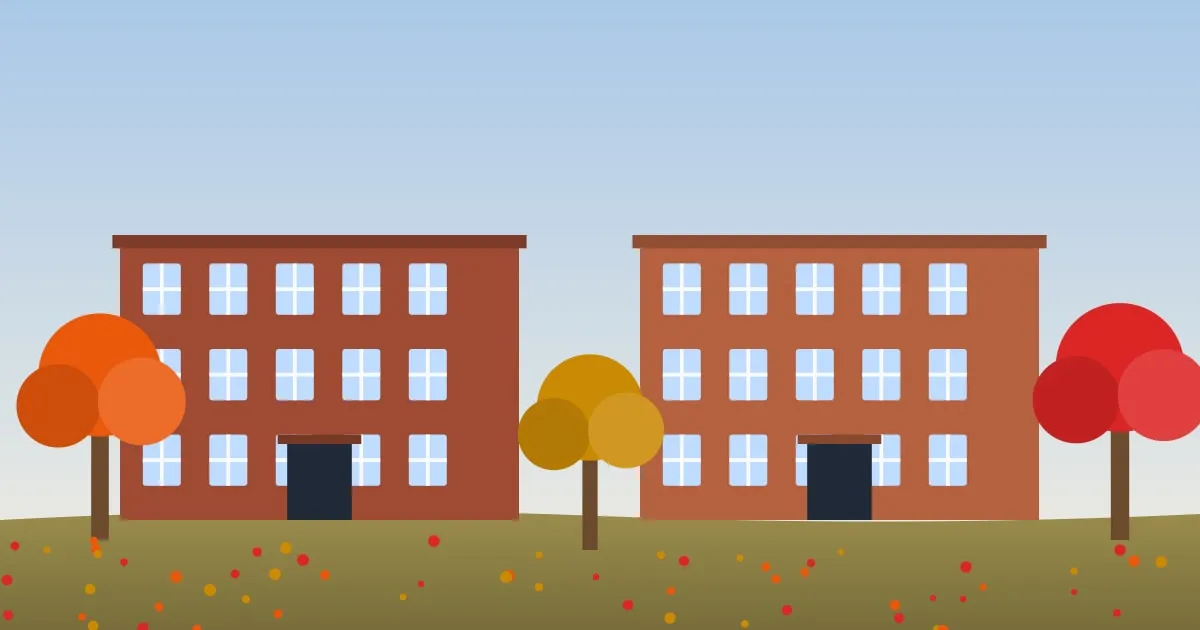 Illustration of brick Midwestern apartment buildings framed by maple trees in autumn