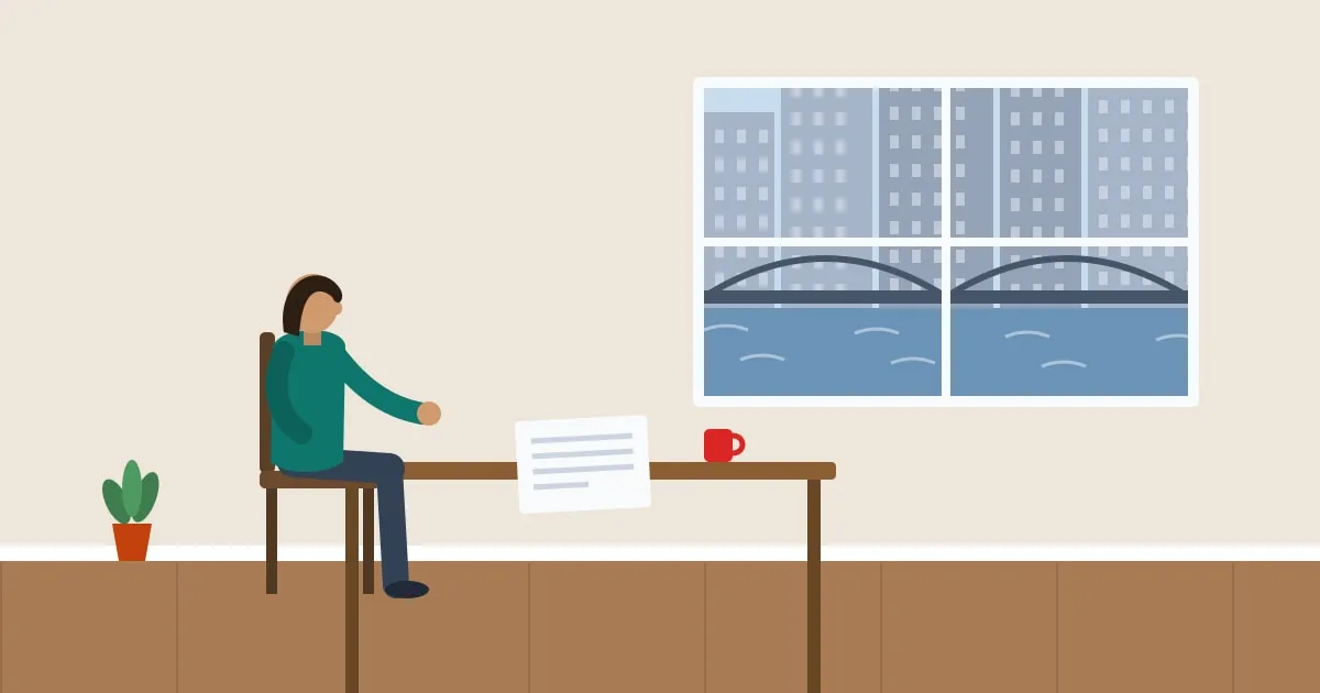 Illustration of a renter reading a lease at a desk in a cozy apartment with a river-city view through the window