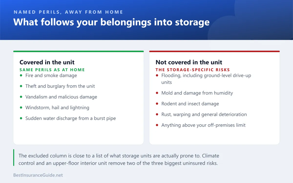 Comparison panel showing which perils renters insurance covers inside a storage unit and which are excluded, including flood, mold, pests and gradual damage