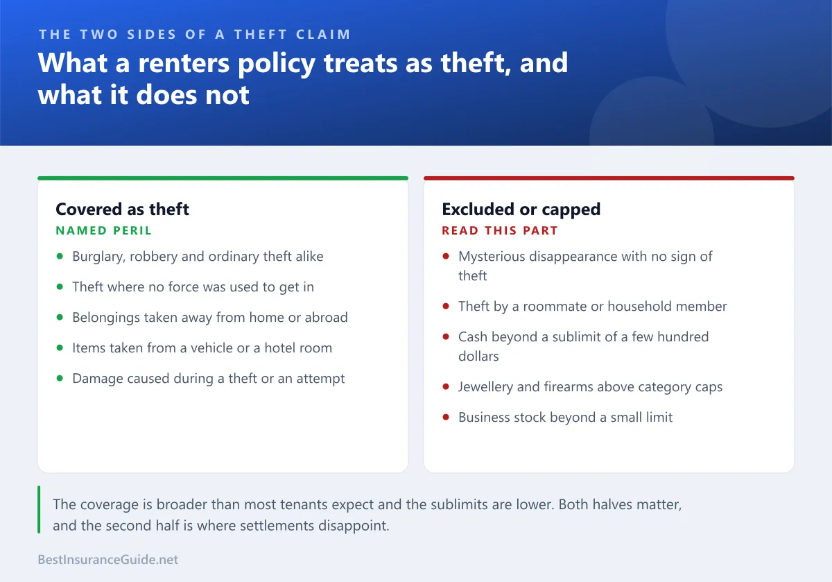 Comparison panel showing which theft losses a renters policy covers and which are excluded, including theft by household members and mysterious disappearance