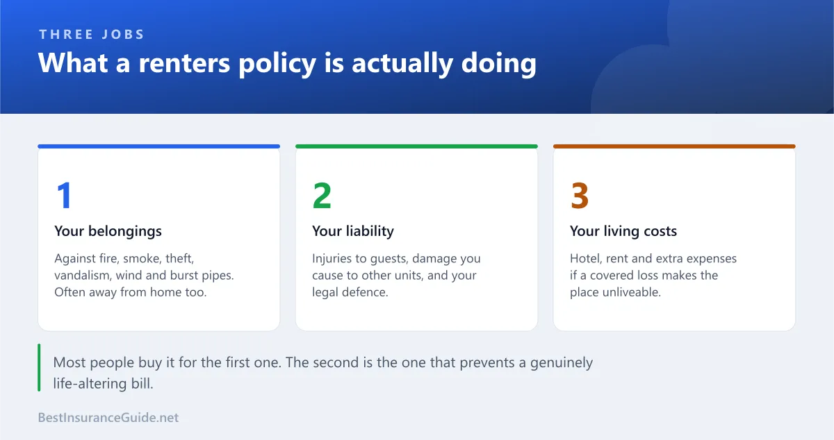 Panel showing the three jobs a renters policy does: covering belongings, covering liability, and covering living costs