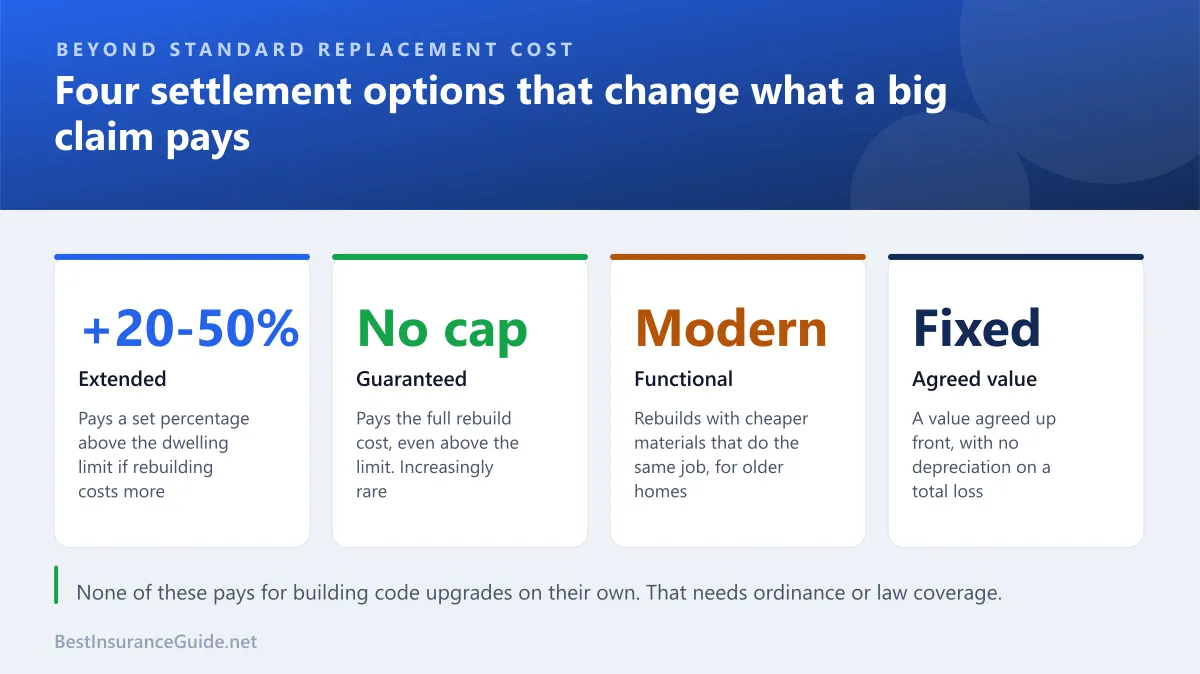 Statistics panel comparing extended, guaranteed and functional replacement cost and agreed value settlement options