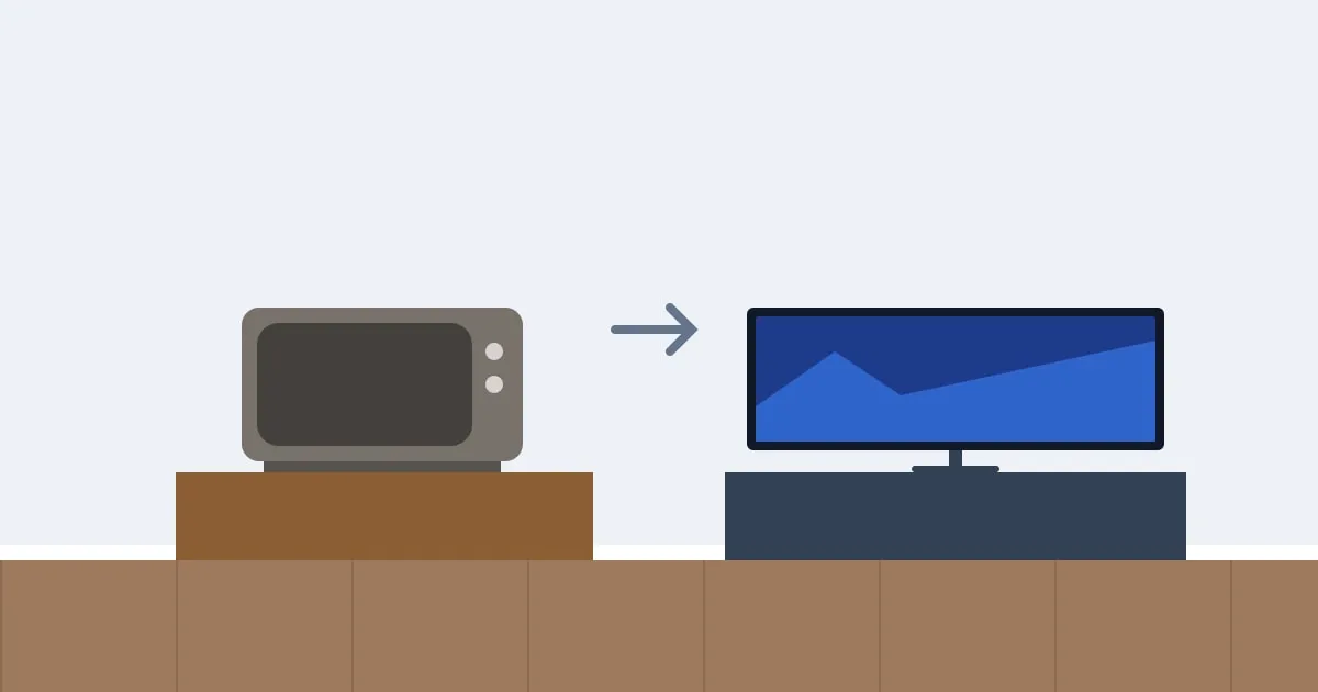 Illustration of a worn old television standing next to a brand-new flat-screen TV