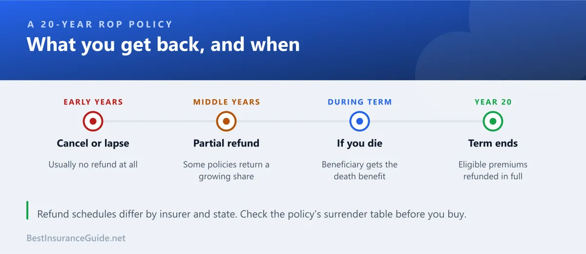 Timeline of a 20-year return of premium policy showing no refund early, a partial refund in the middle years and the full refund at year 20