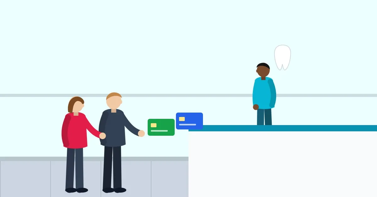 Illustration of a couple handing two insurance cards to a dental office receptionist