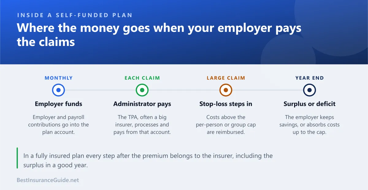 Timeline showing how money moves through a self-funded employer health plan, from funding to claims payment and stop-loss reimbursement