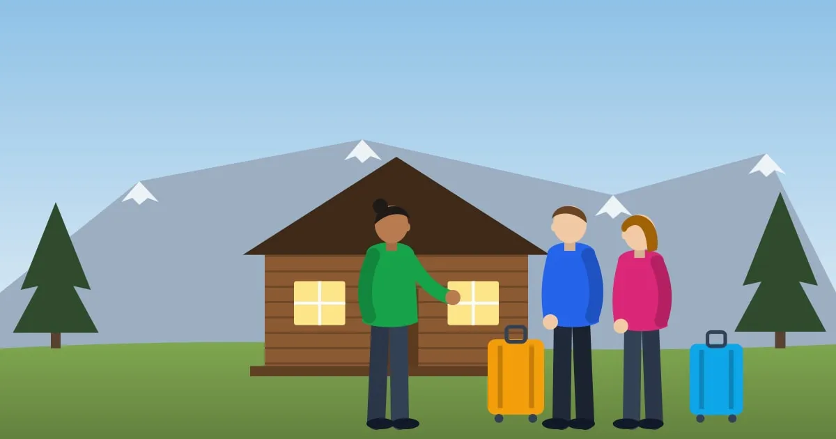 Illustration of a host greeting guests with luggage at the door of a vacation rental cabin