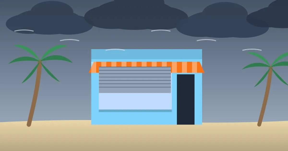 Illustration of a beach bait-and-surf shop with storm shutters half closed as dark clouds gather and palms bend in the wind