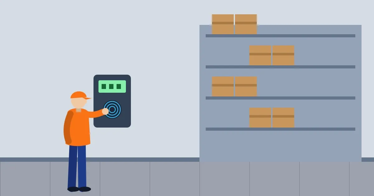 Illustration of an employee scanning a fingerprint at a biometric time clock at a warehouse entrance