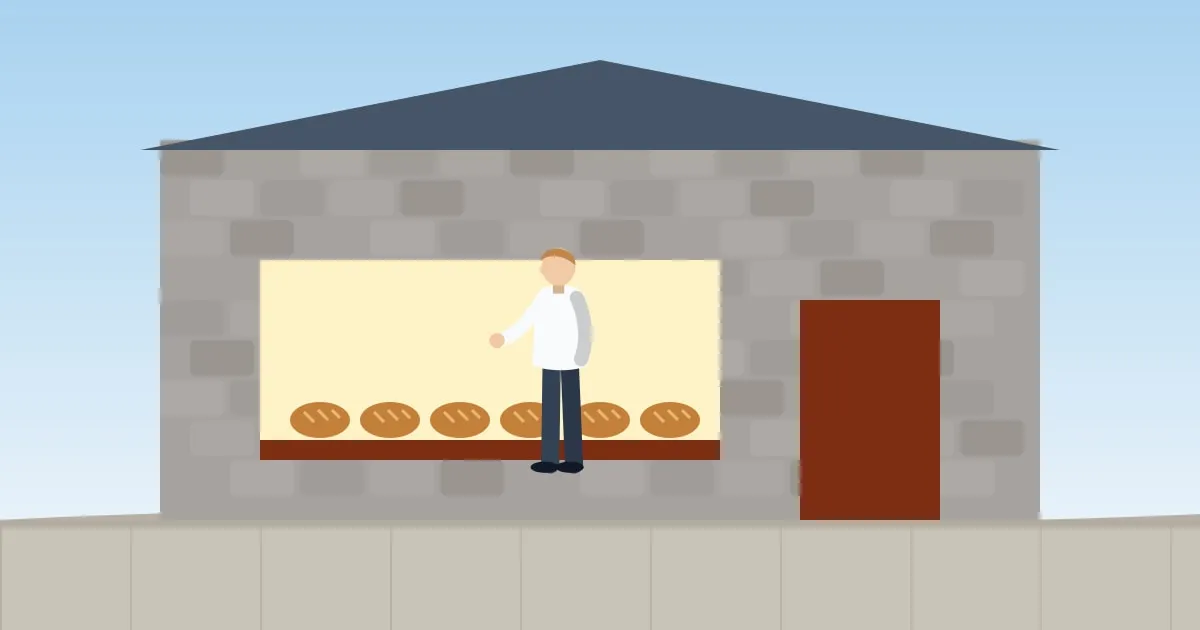Illustration of a baker placing fresh bread in the window of a small bakery in an old stone building