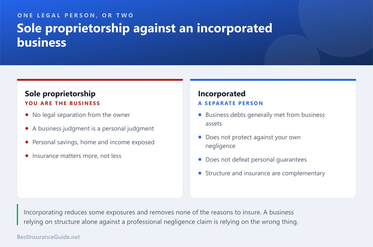 Comparison panel showing how liability exposure differs between a sole proprietorship and an incorporated business