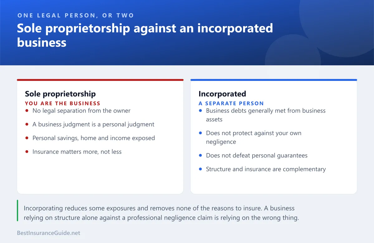 Comparison panel showing how liability exposure differs between a sole proprietorship and an incorporated business