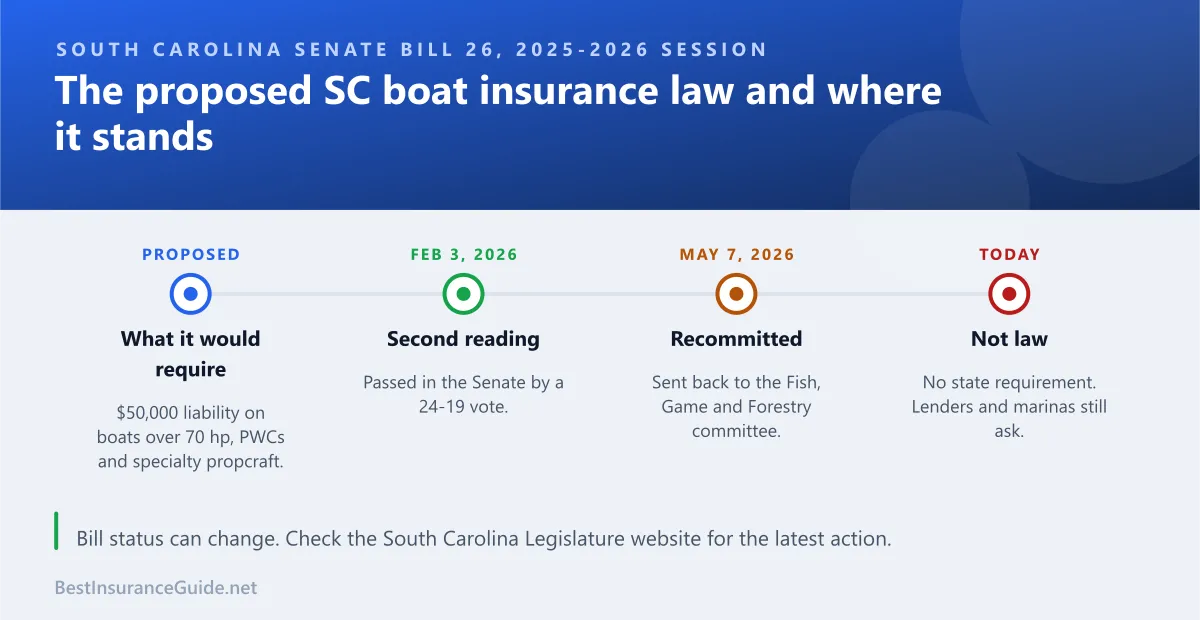 Timeline of South Carolina Senate Bill 26 on watercraft liability insurance and what it would require