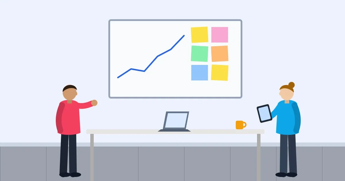 Illustration of two startup founders reviewing a budget at a whiteboard covered in sticky notes