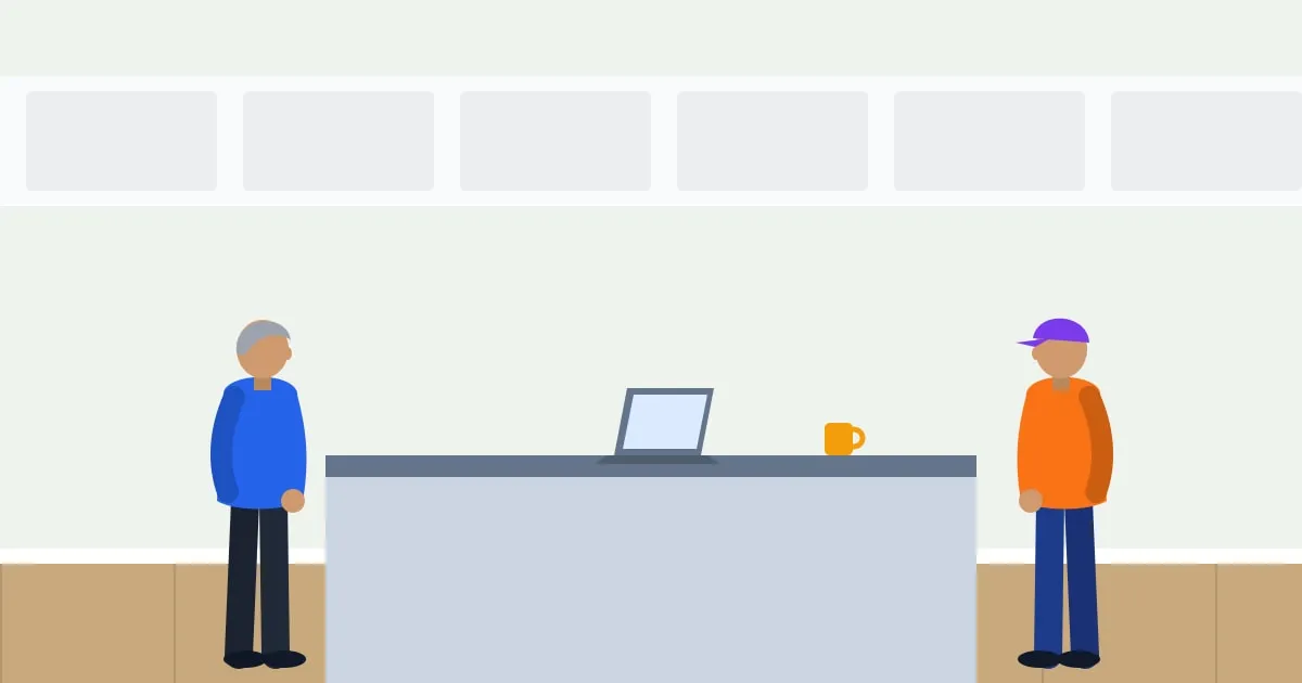 Illustration of a parent and their adult child laughing together at the kitchen counter with a laptop