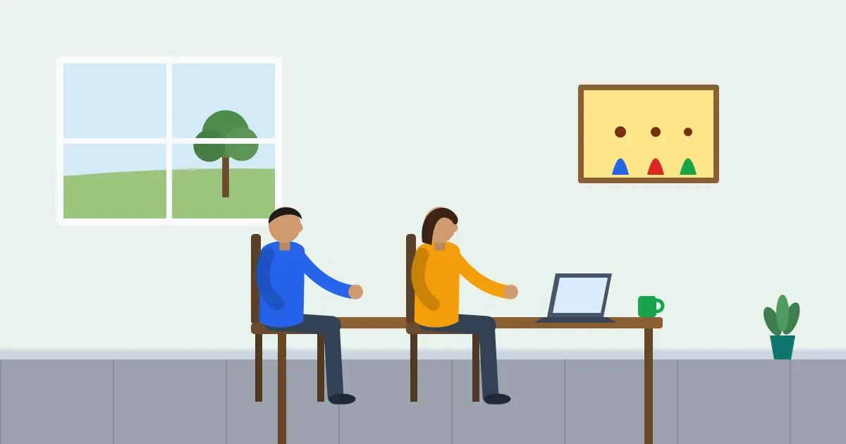 Illustration of a couple choosing workplace benefits together on a laptop at the kitchen table, with a family photo on the wall