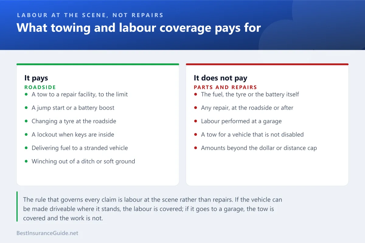Comparison panel showing what towing and labour coverage on a personal auto policy pays for and what it excludes