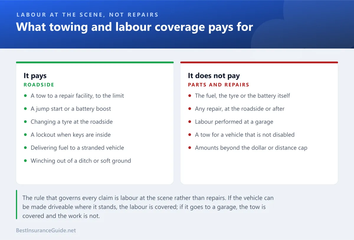 Comparison panel showing what towing and labour coverage on a personal auto policy pays for and what it excludes