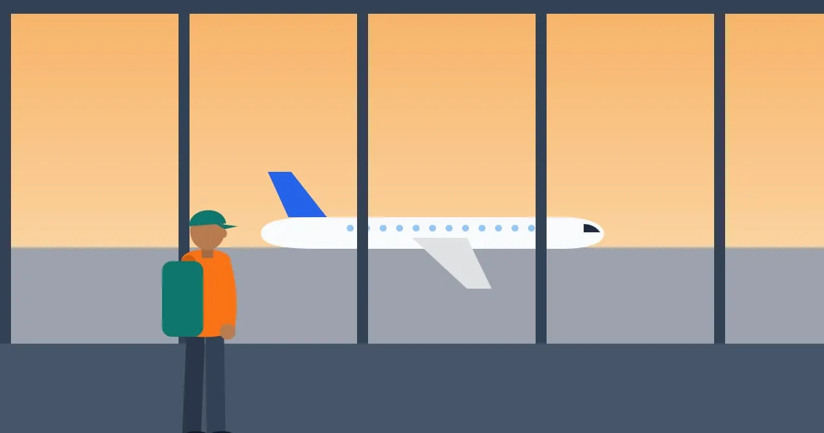 Illustration of a traveler with a backpack watching a plane on the tarmac through an airport window at sunrise