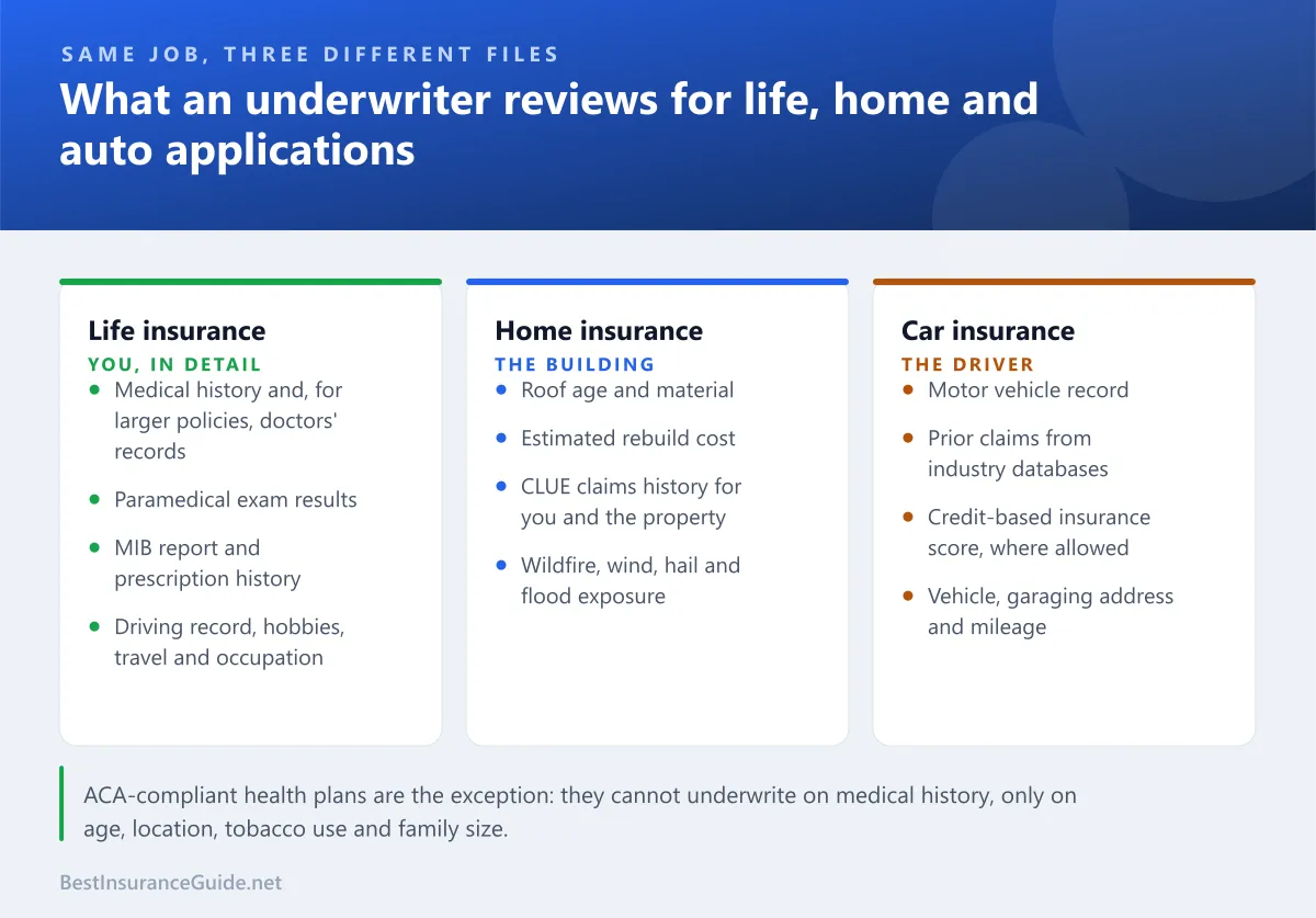 Comparison of the main information underwriters review for life, home and auto insurance applications