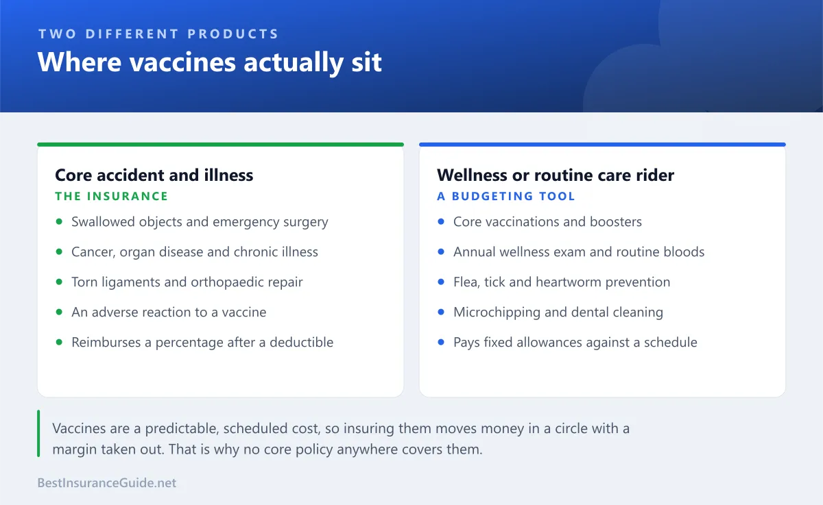 Comparison panel showing what a core accident and illness pet policy covers against what a routine wellness add-on covers, with vaccines firmly in the wellness column