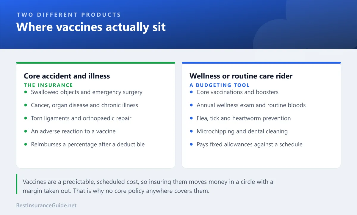 Comparison panel showing what a core accident and illness pet policy covers against what a routine wellness add-on covers, with vaccines firmly in the wellness column