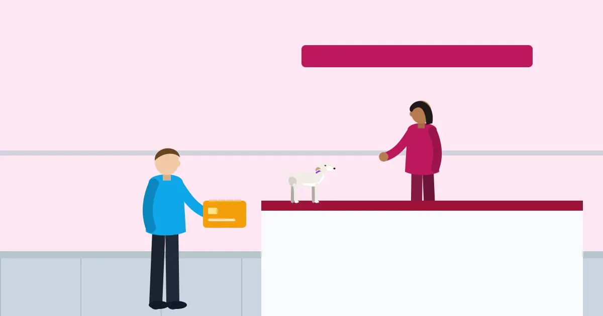 Illustration of a pet owner handing a payment card to a veterinary receptionist, a small dog waiting on the counter