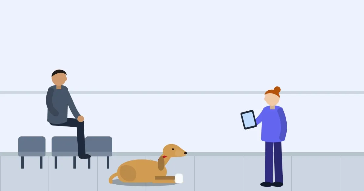 Illustration of a worried owner in a veterinary waiting room with a bandaged dog while a receptionist explains a cost estimate